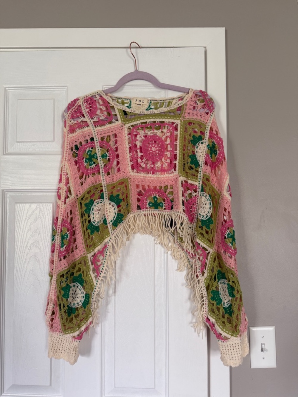 POL Floral Crochet Fringe Sweater Top Coverup One Size Fits Most Bohemian